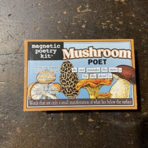 Mushroom poetry kit on wooden table.
