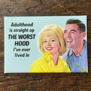 Vintage-style couple with funny adulthood message