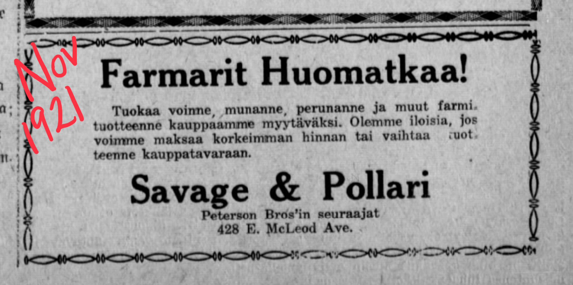 1921 Finnish advertisement for farm products