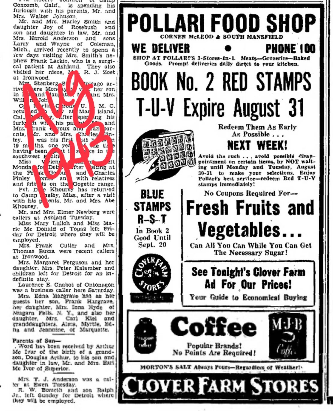 1943 grocery advertisement with red stamps