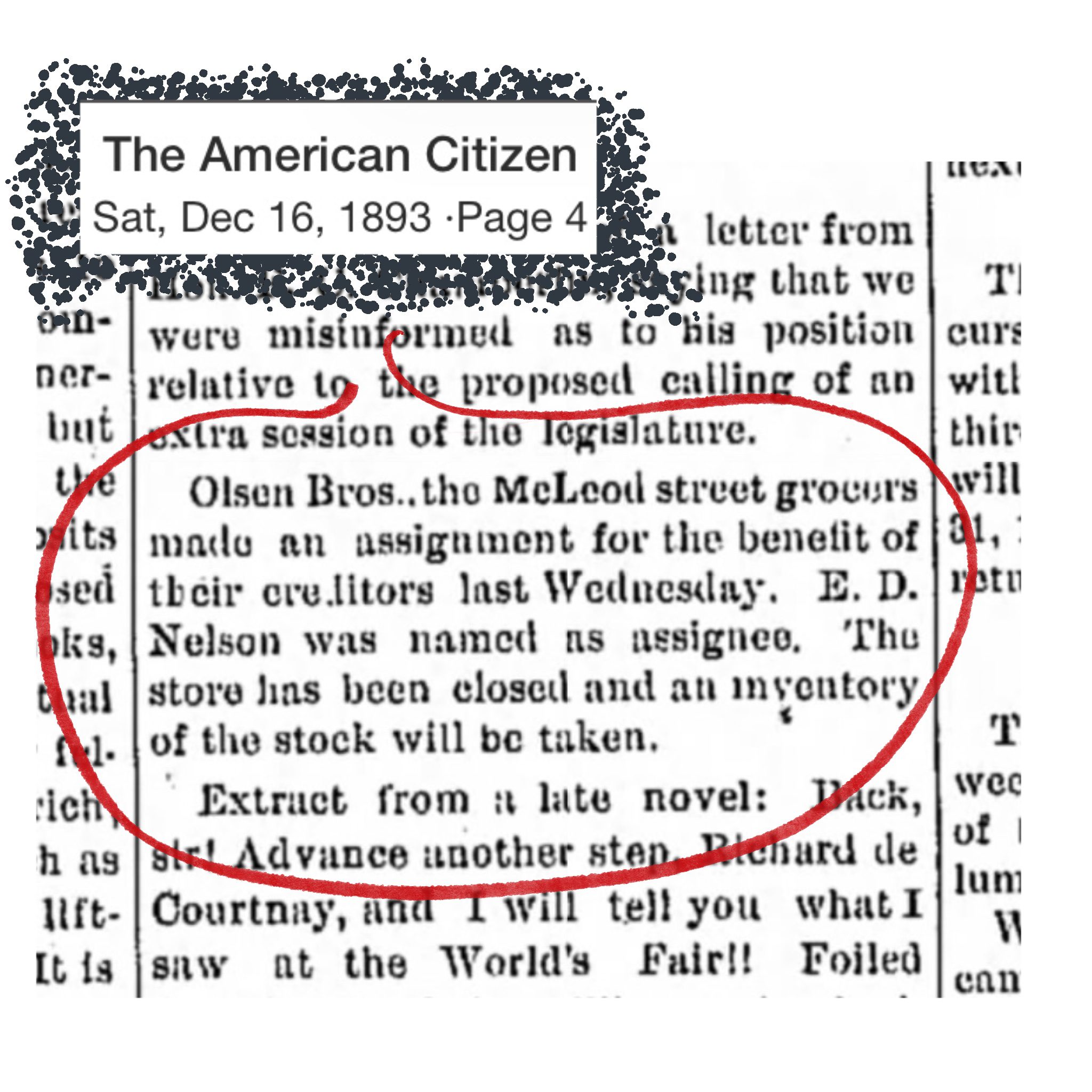 1893 news of store's financial issues.