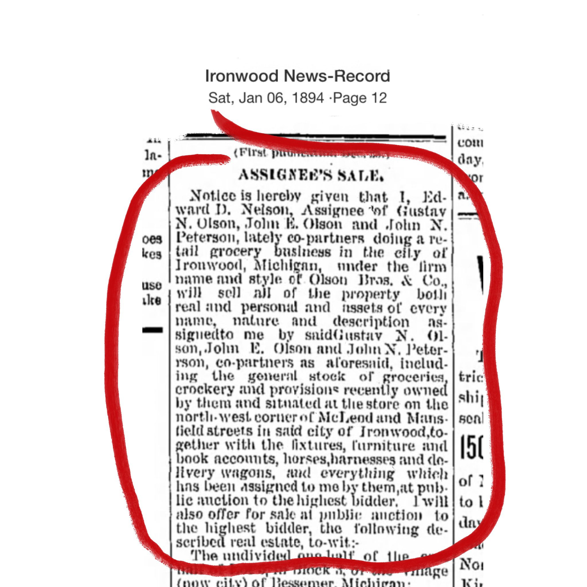 Historic newspaper sale notice, Ironwood 1894