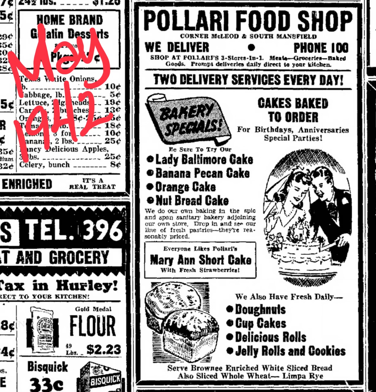 Vintage bakery advertisement with cake specials