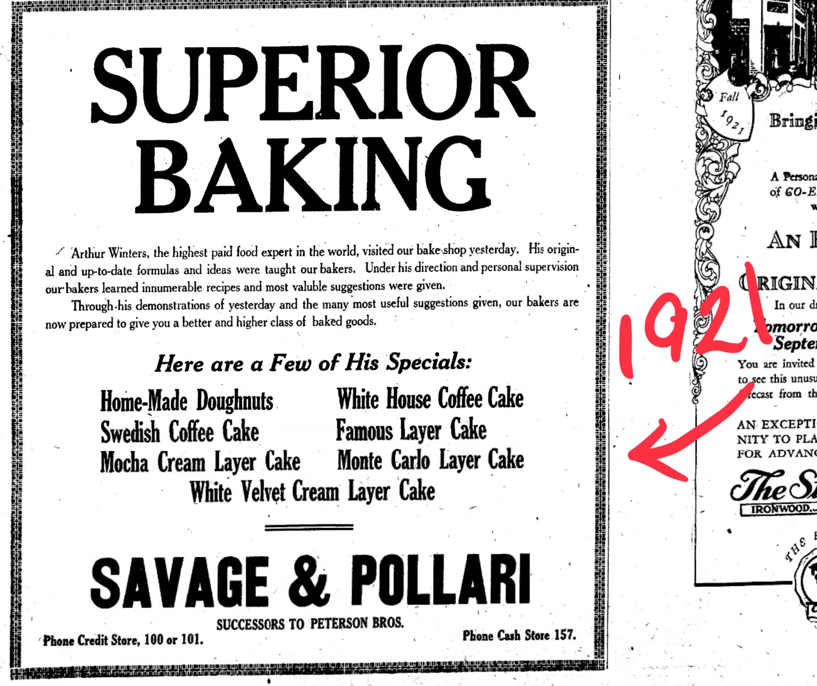 1921 bakery ad featuring cake varieties