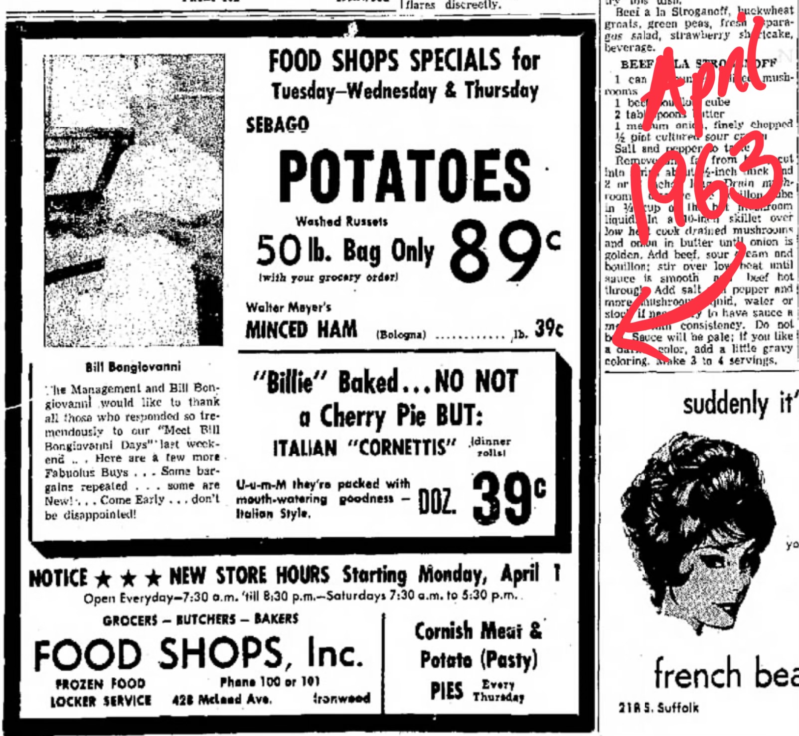 1963 newspaper ad for potatoes and ham