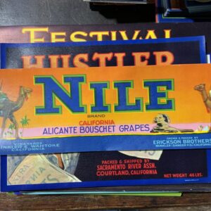 Vintage grape crate label with camels