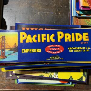 Colorful fruit crate label with bridge design