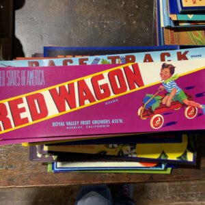 Retro fruit label featuring a child on scooter.